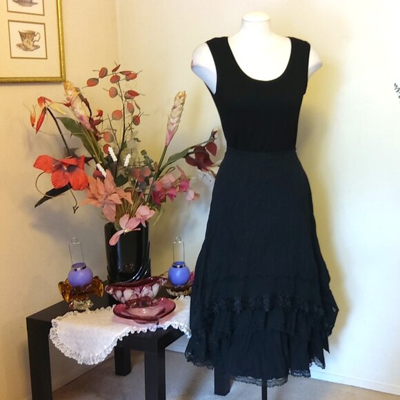 NWT Women Black 3-Layers of Tiered Ruffle Lace Design Midi Skirt L 12 - Picture 3 of 11